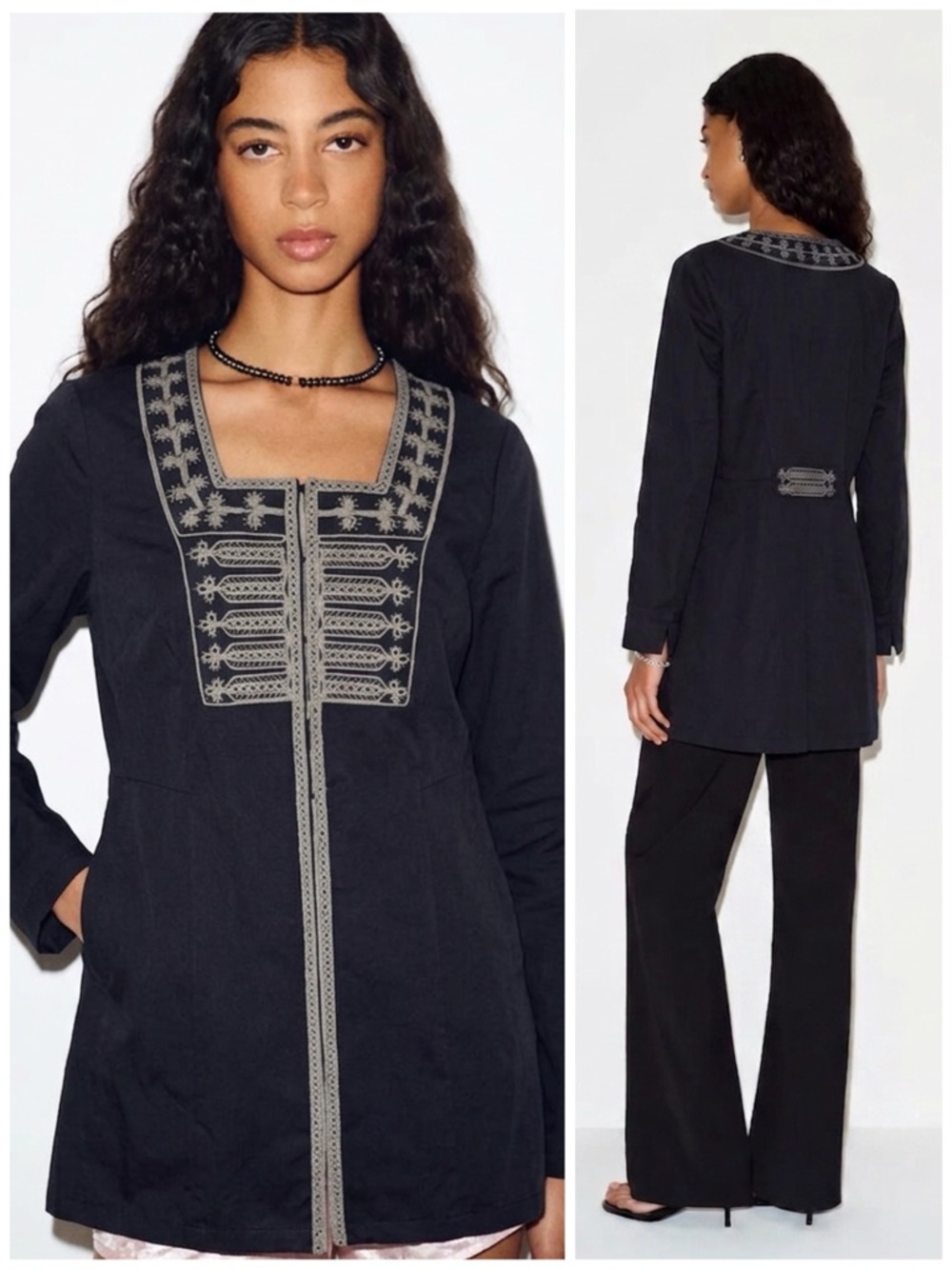 CABi Gray Military Style Embroidered Jacket Sz 10 Medium Folk Bohemian Festival